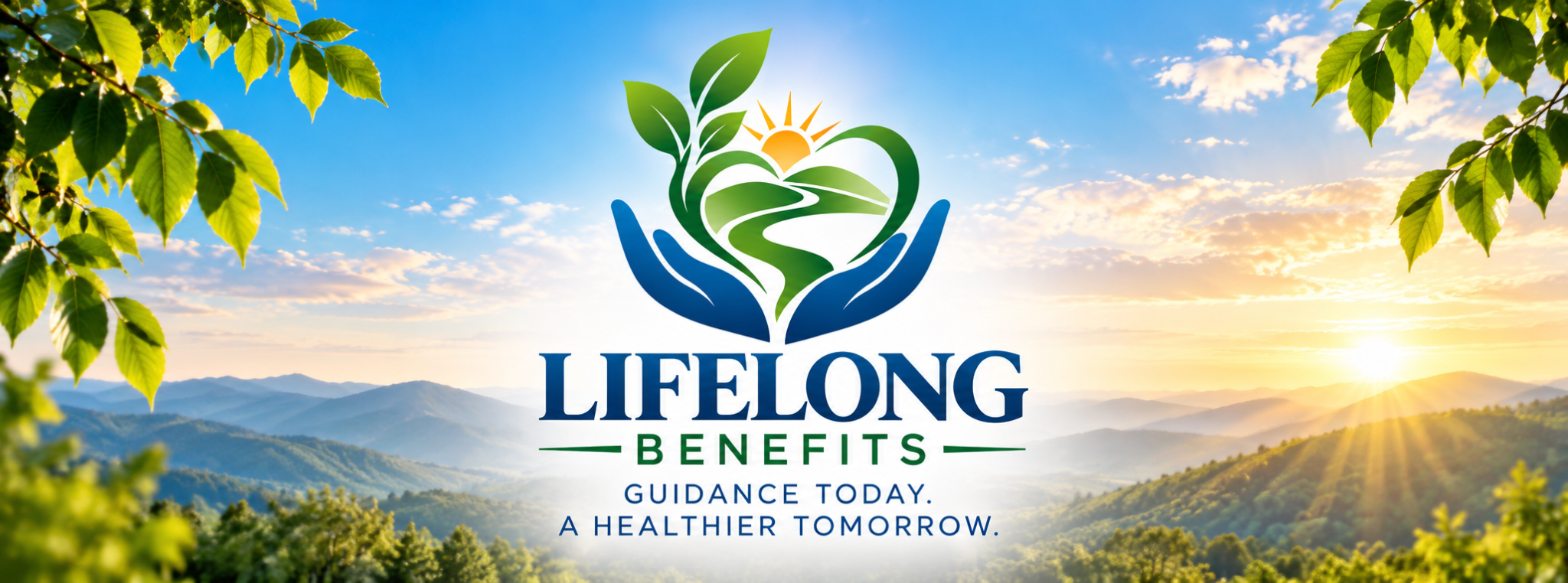 Lifelong Benefits logo above mountains at sunrise. Guidance Today. A Healthier Tomorrow.
