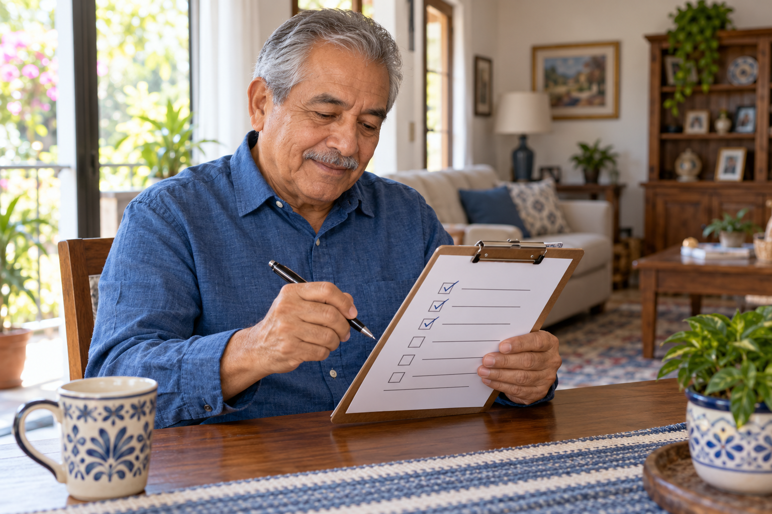 Senior checking off a checklist on a clipboard
