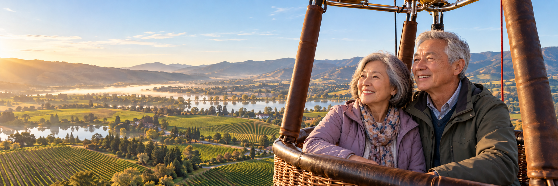Senior couple in a hot-air balloon over wine country