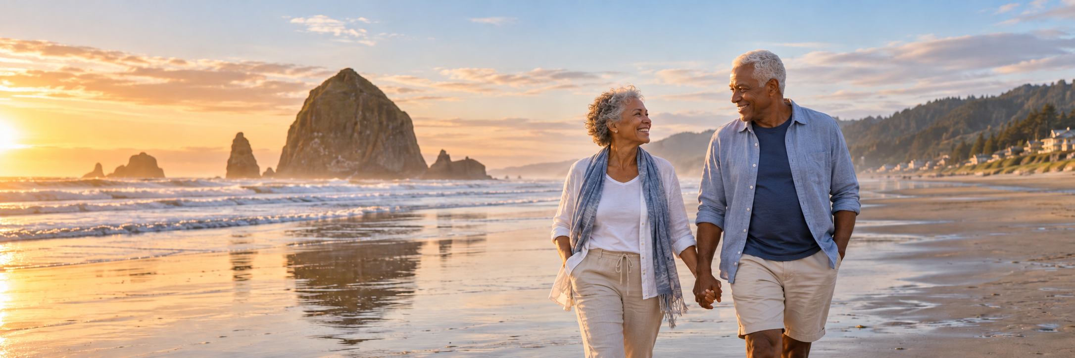Senior couple holding hands on Cannon Beach