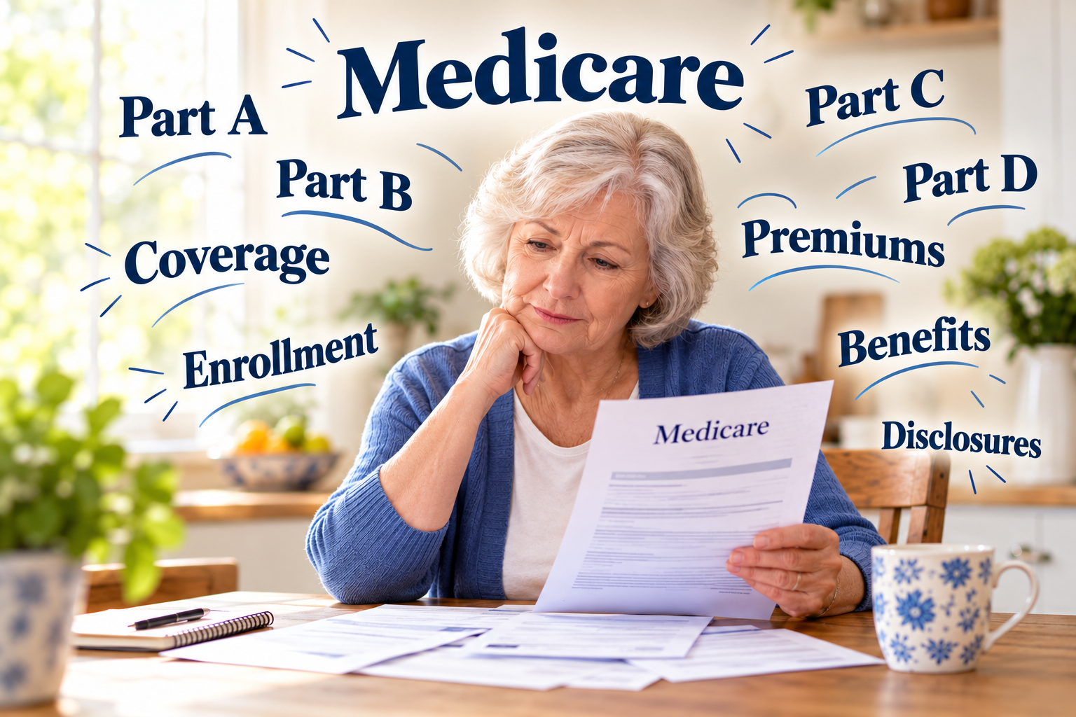 Senior reviewing paperwork surrounded by Medicare information terms