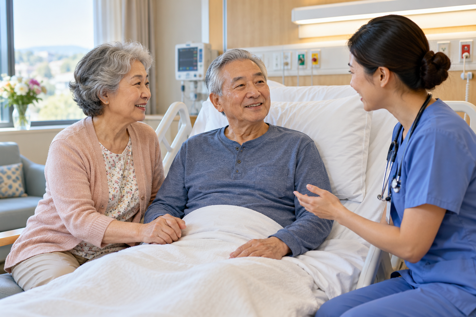 Senior patient and spouse speaking with a nurse