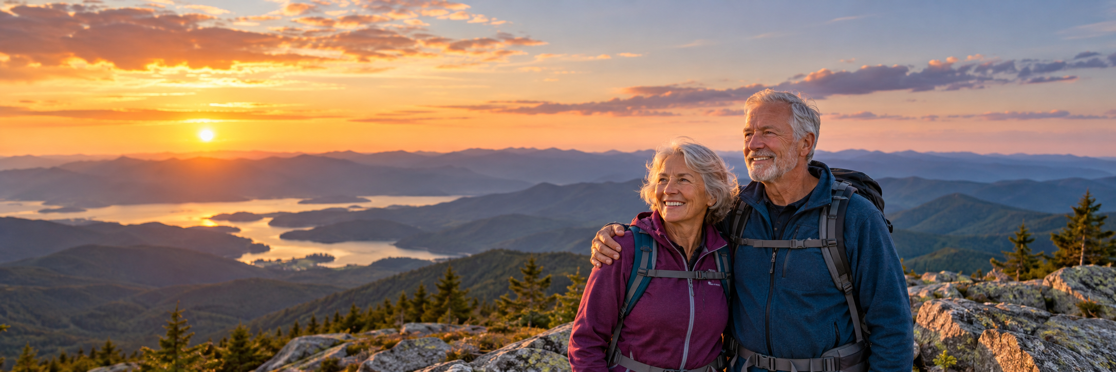 Couple enjoying a mountain hike at sunset