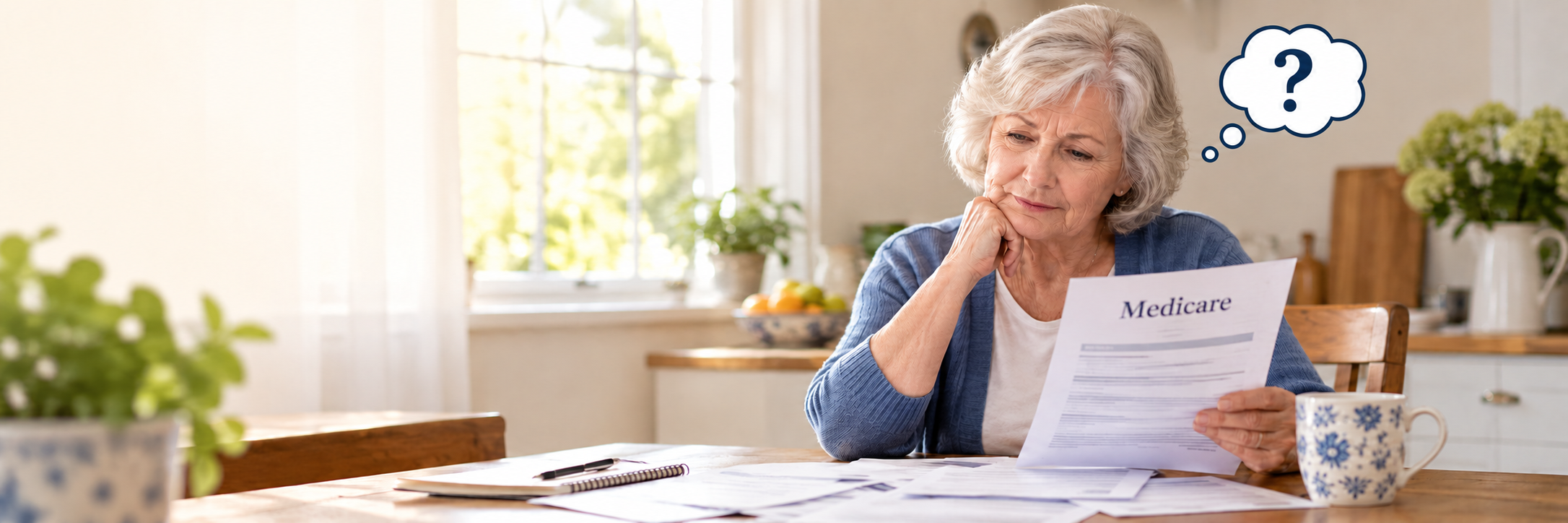 Need help? A senior woman reviewing Medicare paperwork with a question-mark thought cloud