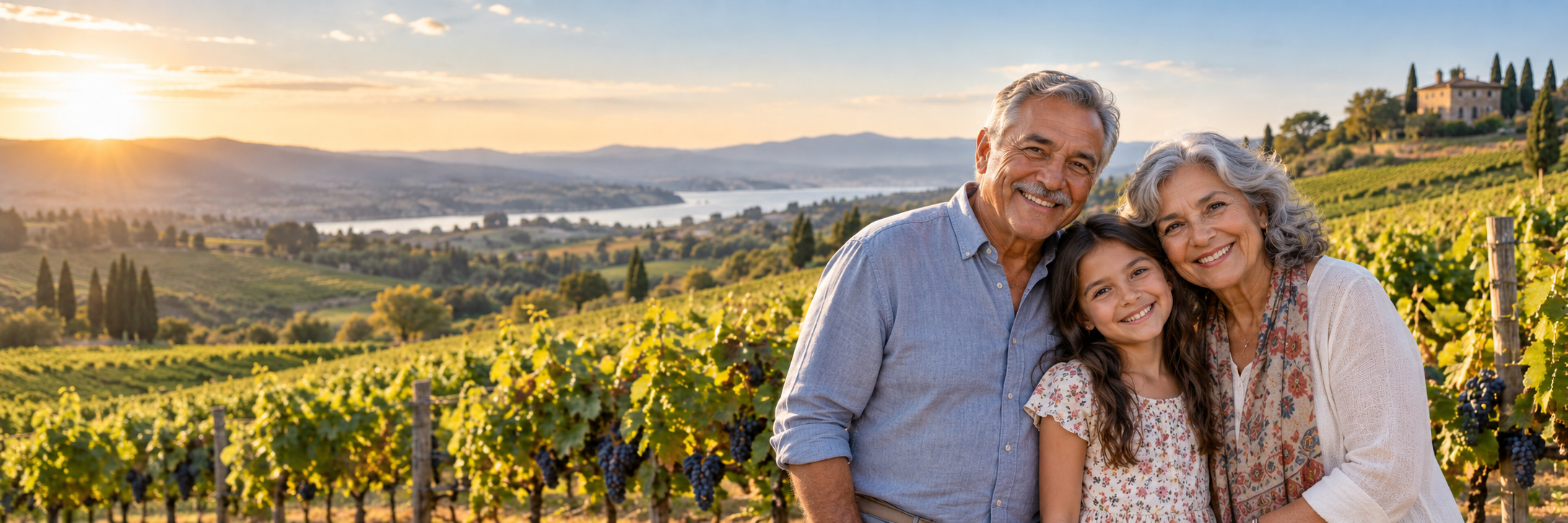 Grandparents and their granddaughter enjoying time together beside a vineyard